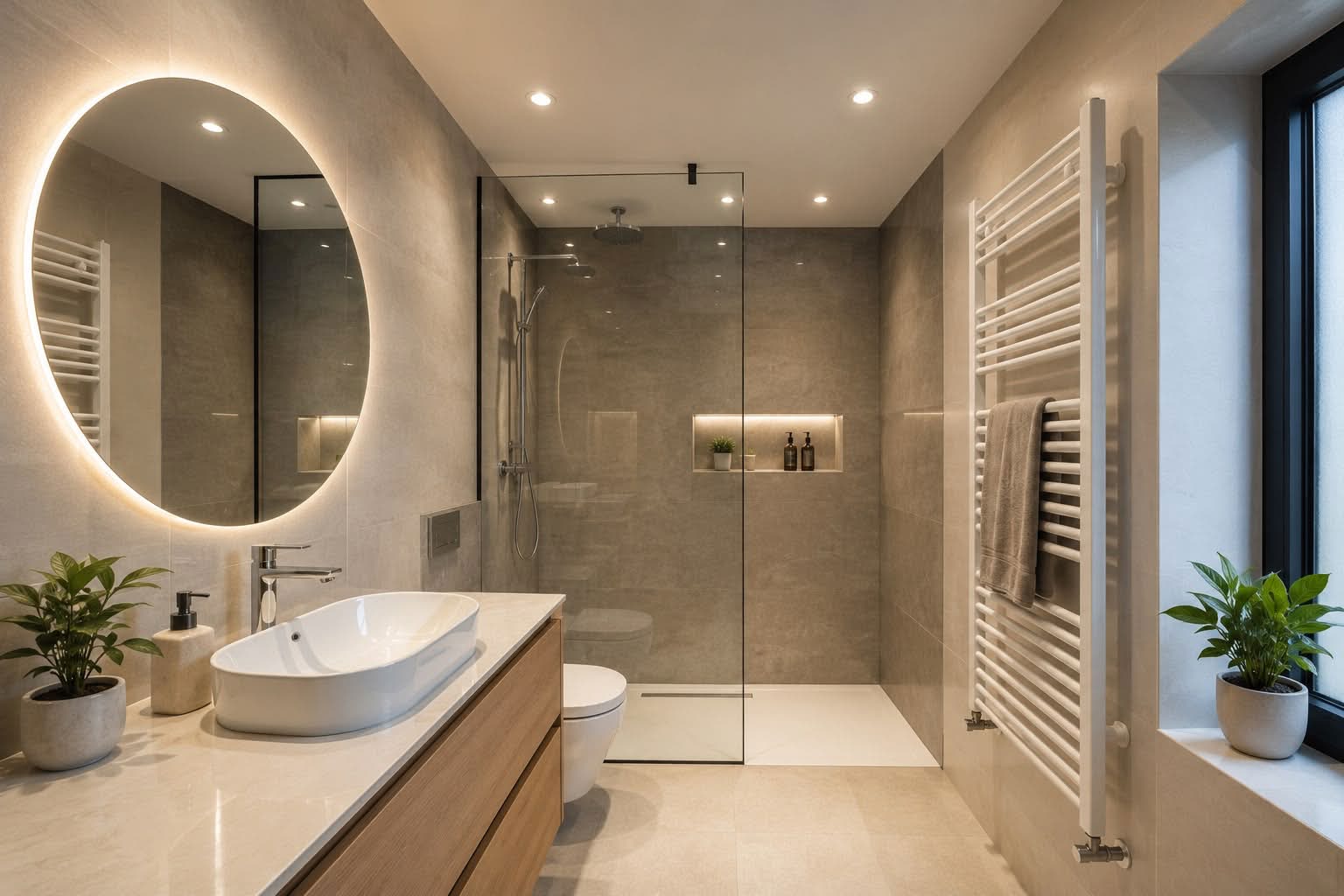 Modernes Badezimmer mit bodengleicher Dusche, beleuchtetem Spiegel und Handtuchheizkörper